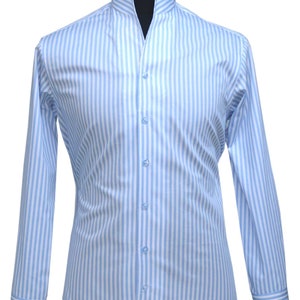 May include: A light blue striped long-sleeve shirt with a mandarin collar and button closure.
