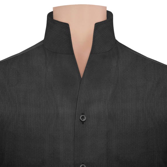Open Buttonless High Collar Jet Black Birthday Dress Shirt Mens