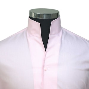 Pink Long Sleeves High Collar Dress Shirt Men 100% Cotton China Mandarin V Collar Shirt Open Buttonless Standup Collar Shirt Made to Measure
