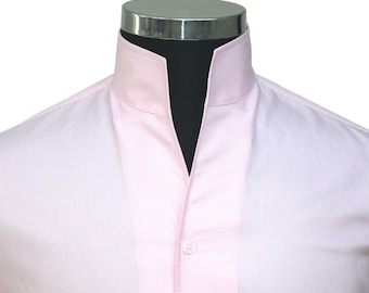 Pink Long Sleeves High Collar Dress Shirt Men 100% Cotton China Mandarin V Collar Shirt Open Buttonless Standup Collar Shirt Made to Measure
