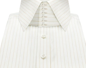 High Spread Cream 6 Button Collar Custom Made 100% Cotton Men's Dress Shirt Stripes Met Gala Outfit Comfort Fetish Wide Edwardian Collar