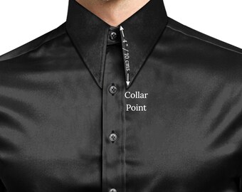 black silk dress shirt men Men's Black Satin Dress Shirt with Tie & Handkerchief 21.5 37/38 / Black