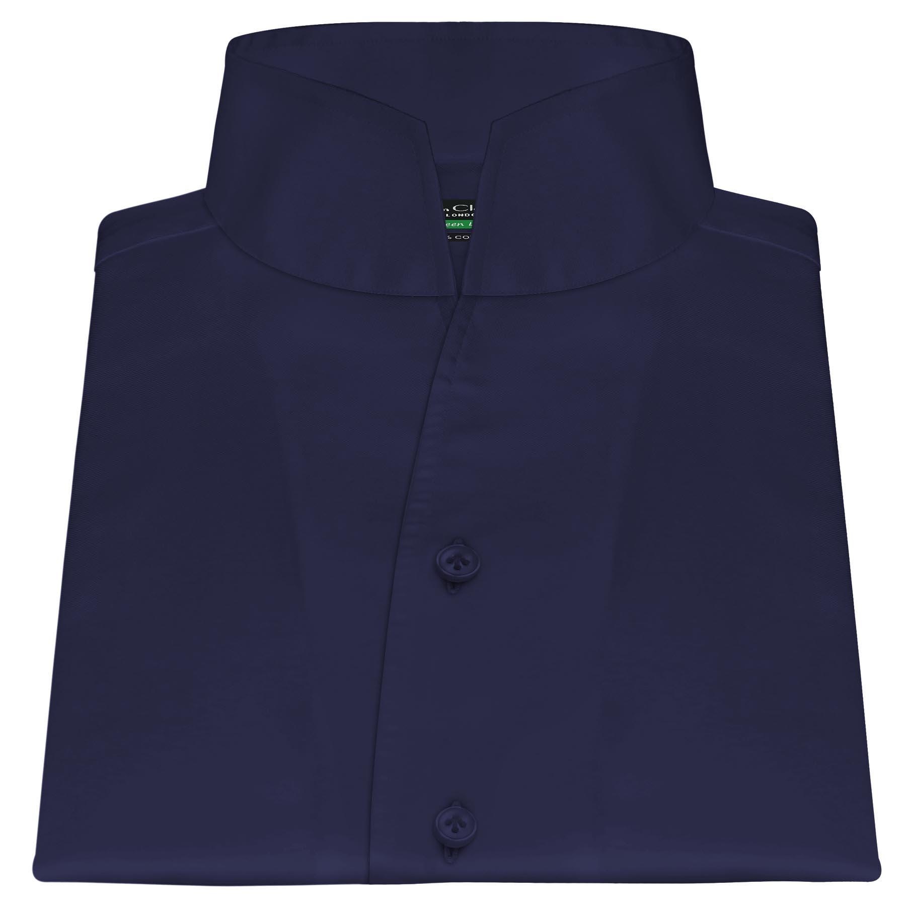 High Open V Collar Tall Neck Shirt Navy Blue Cotton Dress Men