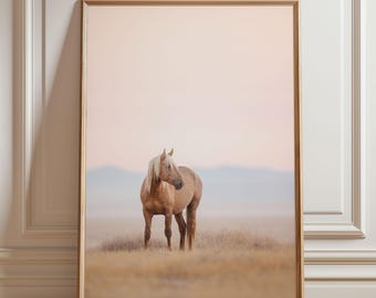 Wild Palomino Mustang Photography Print Pink Horse Wall Art Western Sunrise Desert Decor