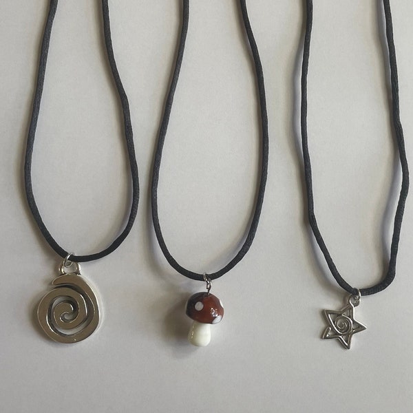 Simple string necklaces - glass mushroom, silver spiral, silver star charm - aesthetic necklace and jewelry, grunge