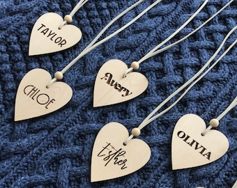 Wooden heart name tag/ Engraved heart name tag/ Gift name tag/ Wedding labels/ Baby shower gift tags/ Valentine gift tags