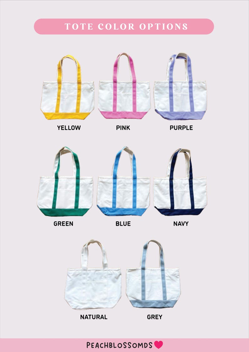 K&ouml;nnte beinhalten: Eine Auswahl an wei&szlig;en Tragetaschen mit farbigen Akzenten. Die Taschen haben Griffe und Bodenplatten in Gelb, Pink, Lila, Gr&uuml;n, Blau, Marine, Natur und Grau. Der Text oben lautet "TOTE COLOR OPTIONS".