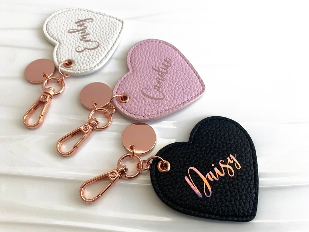 Personalized Heart Leather Keychain, Heart Keychain, Vegan Leather Keyring, Bridesmaid Gift ...