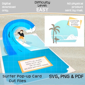 Cartão pop-up de surfista SVG, PNG, PDF, modelo de cartão de aniversário de surfe, Cricut, arquivo de corte Silhouette