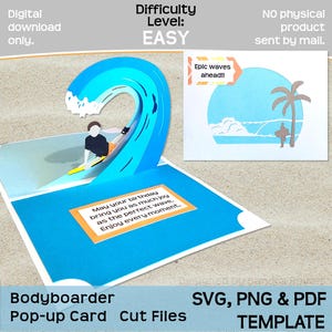 Bodyboarder Pop-up-Karte SVG, PNG, PDF, Boogie Boarding Geburtstag Neuheit Kartenvorlage, Cricut, Silhouette Schnittdatei