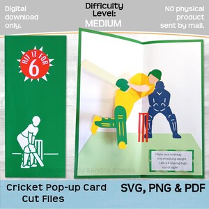 Carte pop-up de cricket SVG, PNG, PDF, modèle de carte de nouveauté anniversaire joueur de cricket, Cricut, fichier de coupe Silhouette