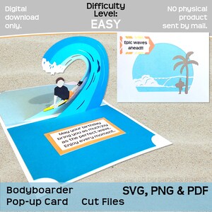 Bodyboarder Pop-up-Karte SVG, PNG, PDF, Boogie Boarding Geburtstag Neuheit Kartenvorlage, Cricut, Silhouette Schnittdatei