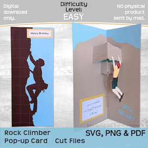 ロッククライマーポップアップカード SVG、PNG、PDF、ロッククライミングバースデーノベルティカードテンプレート、Cricut