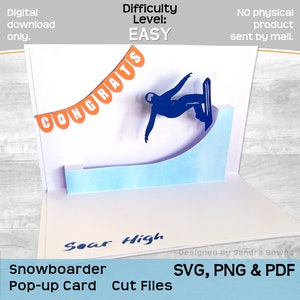 Snowboarder Pop-up-Karte SVG, PNG, PDF, Snowboarder Halfpipe Geburtstag Neuheit Kartenvorlage, Cricut