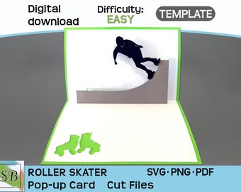Roller Skater Pop-Up Card Template, Retro Birthday (SVG, PNG, PDF) Digital Download