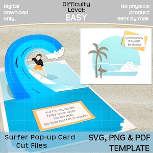 Surfer pop-upkaart SVG, PNG, PDF, surfen verjaardag nieuwigheid kaartsjabloon, Cricut, silhouetgesneden bestand