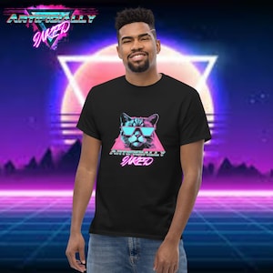 Cool Cat Vibes: Neon Retrowave Graphic Tee with Stylish Feline in Shades