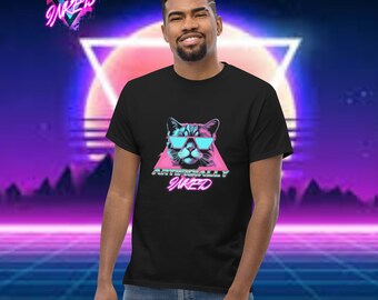 Coole Cat Vibes: Neon Retrowave Graphic Tee mit Stylish Feline in Shades