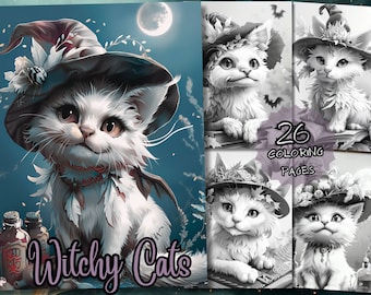 26 Witchy Cats Coloring Book, Adults, kids- Download - Grayscale Coloring Page - Gift, Printable PDF, witches, kittens, potions, Ritualism.