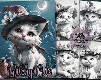 26 Witchy Cats Malbuch, Erwachsene, Kinder - Download - Graustufen Malseite - Geschenk, druckbare PDF, Hexen, Kätzchen, Zaubertränke, Ritualismus.