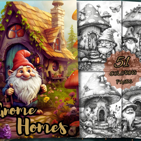 50 Gnome Fairy House Coloring Book page, Adults kids - Grayscale Coloring - Printable PDF, gnomes, fairies, fantasy, mushroom coloring.