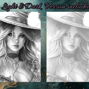 Op de afbeelding: Een digitale zwart-witte illustratie van een vrouw met lang, golvend haar die een heksenhoed draagt. De afbeelding is in twee delen gesplitst, een met een donkerdere toon en de andere met een lichtere toon. De tekst "Light & Dark Version included" staat bovenaan de afbeelding.