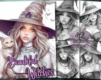 May include: A coloring book featuring 42 pages of illustrations of beautiful witches with long flowing hair, wearing pointy hats and holding cats. The cover features a witch with a cat in her arms, wearing a large, wide-brimmed hat.