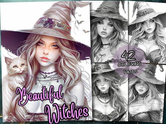 42 beautiful Witches Coloring Book, Adults+kids- Download - Grayscale Coloring Page - Gift, Printable PDF, gothic witch, magic coloring, cat