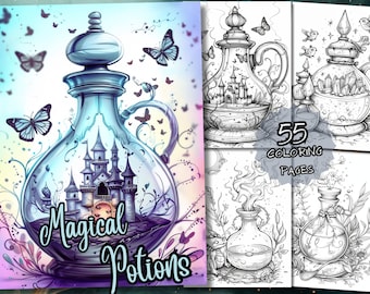 55 Páginas para colorir de poções mágicas - Livro de colorir para adultos e crianças, folhas, download em escala de cinza de fantasia, PDF para impressão, vela de cristal para colorir, presente