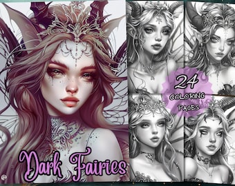24 Dark Fairy Coloring Pages - Adult+Kids Coloring Book, Fantasy grayscale Coloring Sheets, Instant Download, Printable PDF, gothic fairies.