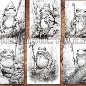 Pode incluir: Seis ilustra&ccedil;&otilde;es em preto e branco de sapos em v&aacute;rias poses. Cada sapo segura um cajado e est&aacute; rodeado de folhagem. Os sapos s&atilde;o desenhados em um estilo realista.