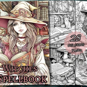 May include: A coloring book cover featuring a witch with long blonde hair wearing a pointed hat and a pink dress. She is holding a large open book. The cover also features the text "WITCHES SPELLBOOK" and "28 COLORING PAGES".