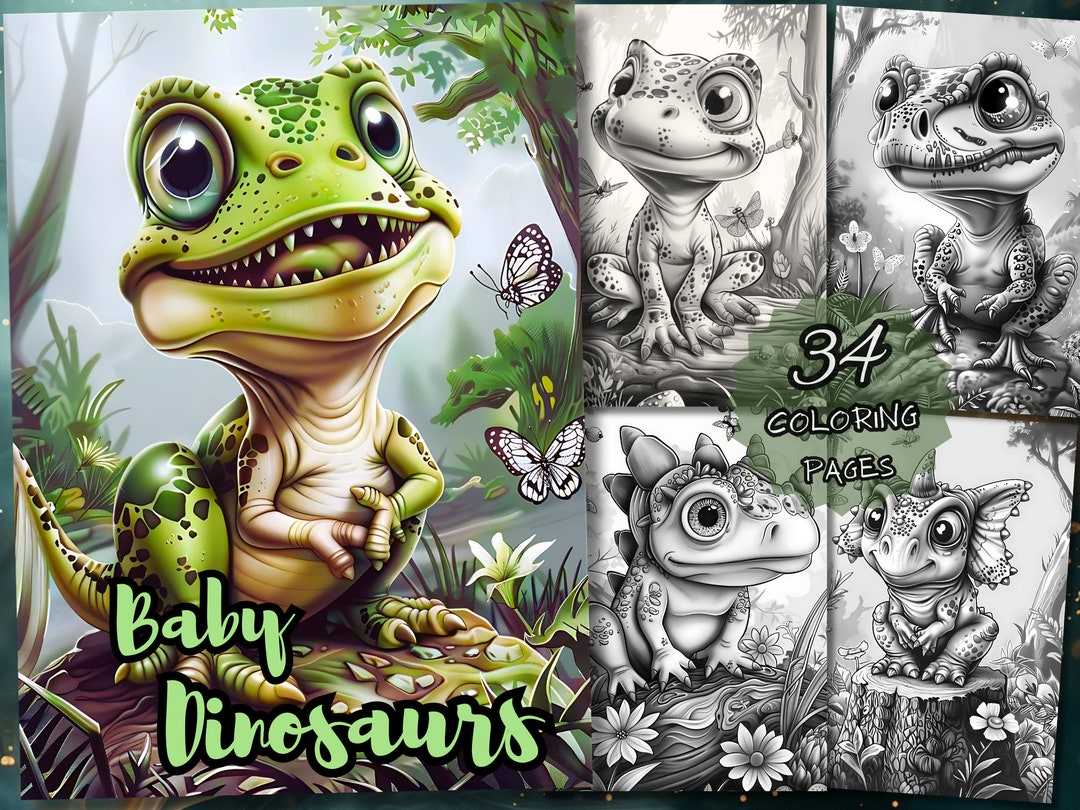 34 Cute Baby Dinosaur Fantasy Coloring Page Book, Adults + Kids ...