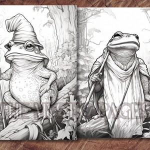 Pode incluir: Uma ilustra&ccedil;&atilde;o em preto e branco de dois sapos em um ambiente de floresta. Um sapo est&aacute; usando um chap&eacute;u e segurando um cajado, enquanto o outro sapo est&aacute; usando uma t&uacute;nica e segurando um cajado.