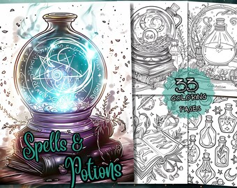 33 Feitiços e poções de bruxas Livro de colorir, adultos e crianças - Download - Página para colorir em tons de cinza - Presente, PDF para impressão, bruxas, velas, cristais