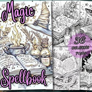 36 Magical SpellBook Coloring Pages - Adult And Kids Coloring Book, Fantasy Coloring Sheets, Instant Download, Printable PDF File.