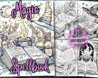 36 Magical SpellBook Coloring Pages - Adult And Kids Coloring Book, Fantasy Coloring Sheets, Instant Download, Printable PDF File.
