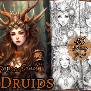 Op de afbeelding: Een kleurboekomslag met een vrouw met gewei en een kroon, omringd door bladeren. De titel "Woodland Druids" staat in grote, vetgedrukte letters. De omslag bevat ook vier kleinere afbeeldingen van vrouwen met natuurthema's, en de tekst "40 kleurplaten".