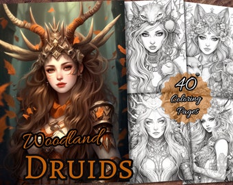 40 Druid and Elf Fantasy Woman Coloring Page Book, Mushroom coloring, gift coloring, Adults + kids- Instant Download - Grayscale Coloring.