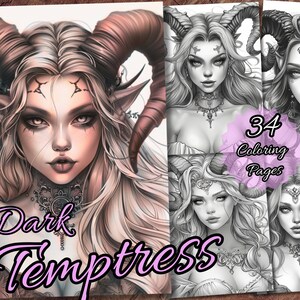 Op de afbeelding: Een kleurboekomslag met een donkerharige vrouw met hoorns en een gedetailleerd gezicht. De titel "Dark Temptress" is in roze letters geschreven. De omslag bevat ook een roze cirkel met de tekst "34 kleurplaten".
