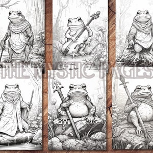 Pode incluir: Seis ilustra&ccedil;&otilde;es em preto e branco de sapos em v&aacute;rias poses. Os sapos usam capas e seguram objetos diferentes, incluindo um cajado, uma espada e um violoncelo.
