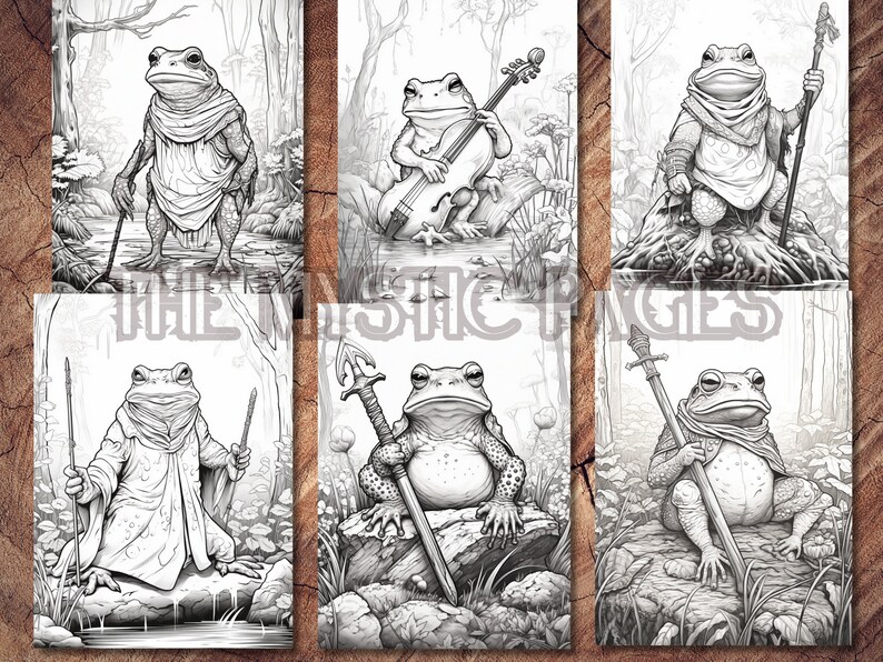 Pode incluir: Seis ilustra&ccedil;&otilde;es em preto e branco de sapos em v&aacute;rias poses. Os sapos usam capas e seguram objetos diferentes, incluindo um cajado, uma espada e um violoncelo.