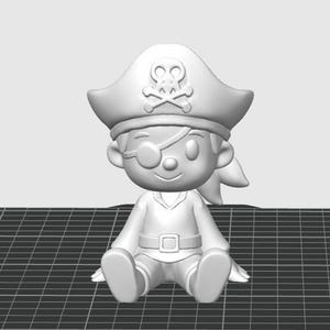 May include: A 3D-printed figurine of a cartoon pirate, wearing a hat with a skull and crossbones, an eye patch, and a white shirt with a belt. The pirate is sitting with its legs crossed. The figurine is light gray.