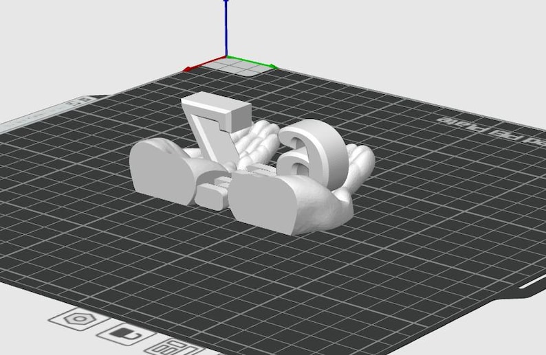 May include: A 3D-printed model of the number 76 in a playful, cartoonish style. The number is held by two hands, with the fingers and palms clearly defined. The model is light gray and sits on a black grid.
