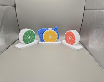 Soporte para esponjas de cocina con diseño de limón, lima y naranja – Organizador de fregadero de secado rápido – Decoración cítrica – Juego o soporte individual para esponjas – Soporte vertical para esponjas