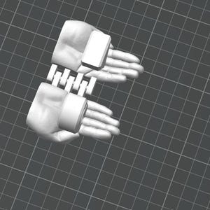May include: A 3D-rendered image of two hands, each wearing a white cuff with a rectangular top. The hands are connected by a series of white rectangular bars. The background is a gray grid.