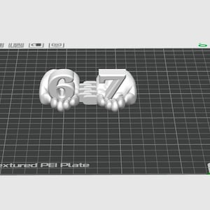 May include: A white 3D-printed sculpture featuring the numbers 6 and 7, held by two hands. The sculpture is set on a black grid. The hands and numbers are clearly defined. The design is minimalist and contemporary.