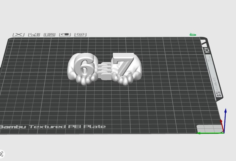 May include: A 3D-printed sculpture of the numbers 6 and 7 held by two hands. The sculpture is white and sits on a black grid. The hands are detailed, and the numbers are in a simple font. The overall design is clean and modern.