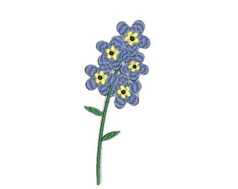 May include: A cluster of blue forget-me-not flowers with yellow centers on a green stem.