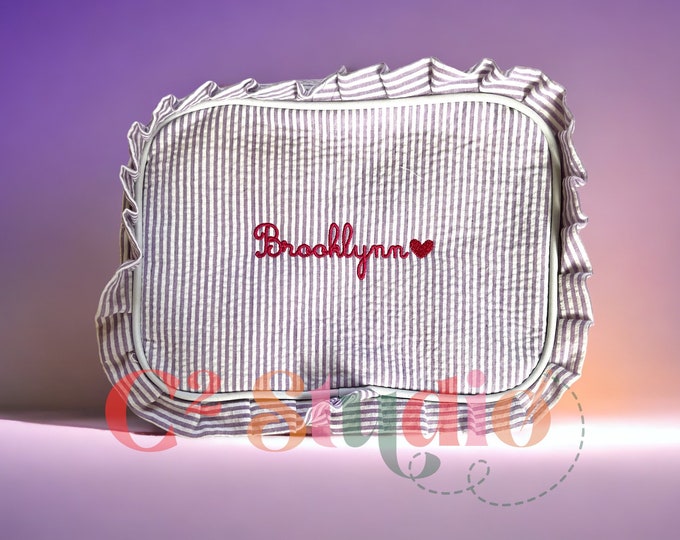 Personalized Makeup Bag with Monogram - Seersucker Toiletry Organizer, Custom Ruffle Cosmetic Bag - Unique Bridesmaid Gift